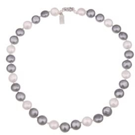 Leslii Damen-Kette Bicolor Perlen-Kette Muschelkern Perlen-Collier kurze Kette Modeschmuck Grau Weiß