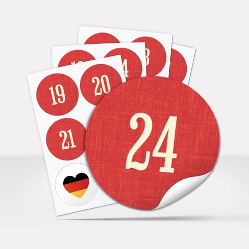 Adventskalender-Zahlen Aufkleber 1 bis 24 / Schlicht auf Rot/Etiketten/Sticker/Weihnachtskalender/Advent/Rund/DIY/zum Aufkleben
