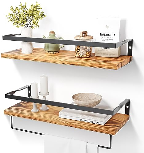 DifferTemp Wandregal Holz, Küchenregal Wand mit Handtuchhalter, Hängeregal, Gewürzregal Wand, Badezimmer Wandregal, Holzregal Wand 2er Set, Wall Shelf, 40cm