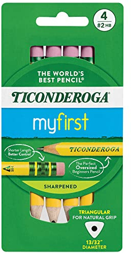 Ticonderoga My First Short Triangular Wood-Cased Pencils, #2 HB Soft, With Erasers, Yellow, 4 Count