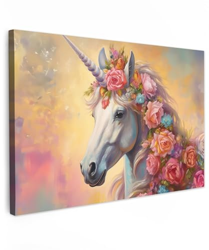 MuchoWow© Leinwandbild Groß XXL Dekoration Wohnzimmer Bilder Aufhängen Wall | 120x80 cm - Decoration Living Room Wohnungs Deko Moderne Einhorn - Rosen - Blumen