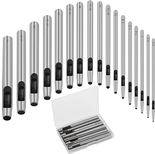 17 Pcs Round Leather Hole Punch Tool 0.5-7mm, Boyistar Metal Hollow Hole Punching for Leather Craft Punch Tools Set Round Hollow Tools for Belts, Watch Band, Paper, Plastic, Leather with Storage Box
