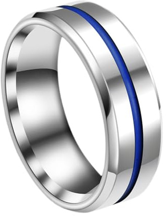 JewelryWe Ring män rostfritt stål förlovningsring: 8 mm borstad herrring blått spår i mitten partnerringar vigselringar löften förlovning bröllop band män bandring med gravyr silver storlek 52