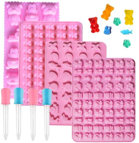 GummibäRchen Form, 4 Stück Bonbon Formen Silikon, Silikonform GummibäRchen, GummibäRchen Selber Machen Bonbonform Silikon Mit 4 Dropper für SüßIgkeiten Schokolade Gelee