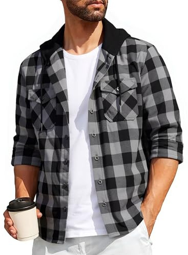 SwissWell Camisa a Cuadros Hombre Camisa de Franela para Hombre Sudaderas de Leñador de Manga Larga Exteriore Camisa Casual con Capucha Gris Oscuro L