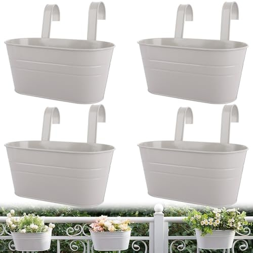 SHUESS 4 Pcs Iron Hanging Flower Pots - Balcony Planters for Railing with Detachable Hook - Metal Hanging Plant Pots Outdoor for Fence Balcony Garden, Grey