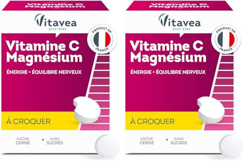 Vitavea - Complément Alimentaire Vitamine C + Magnésium - Duo Tonus - Triple action - Energie, Immunité, Détente - 28 comprimés à croquer - Goût cerise - Cure de 28 jours - Fabriqué en France