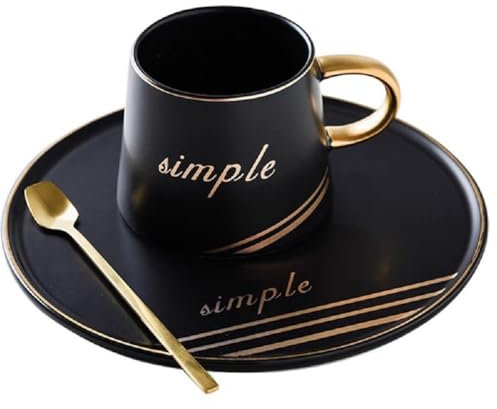 Huiyiwert Juego de tazas de café de cappuccino con cuchara y plato redondo de 19 cm, taza de té de 200 ml, juego de café para café con latte, espresso, té moca (negro)