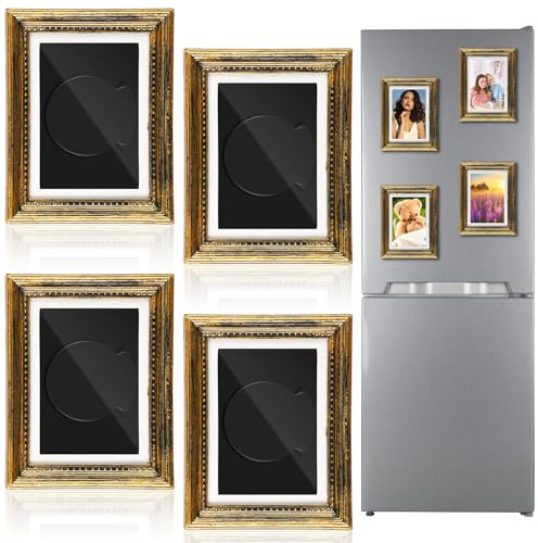 Geelin 4 Pcs Refrigerator Magnetic Vintage Frame 3.66 x 2.95 Inch Small Vintage Refrigerator Magnets Picture Frames Mini Antique Ornate Gold Photo Frame Insert for Photos Painting Stuck on Fridge