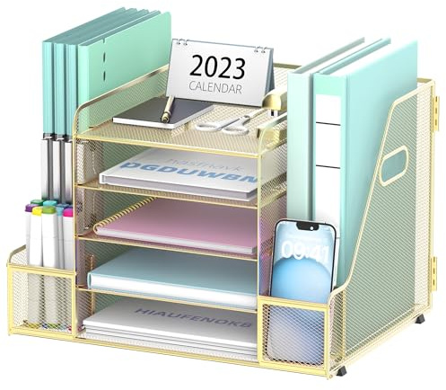 SUPEASY Gitter - Schreibtischorganizer mit Dateienhalter, 5 - Schichten - Papier - und Briefkastenträger mit Magazinehalter, Schreibtischorganizer und Lagerungseinheit, Gold