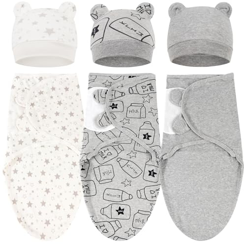 DRESHOW Neugeborene Swaddle Decke Hut Set Baby Einstellbar Gedruckt Swaddles für 0-3 Monate Mädchen Jungen