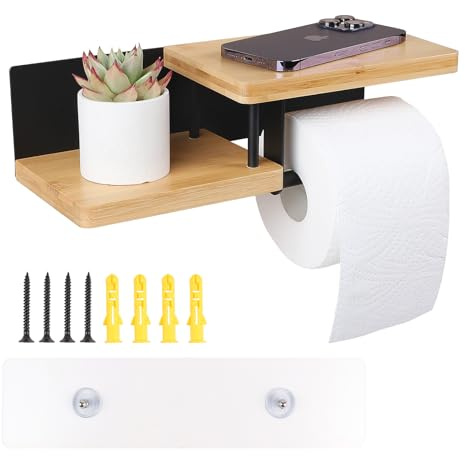 EFUTURETIME Porte Papier Toilette Mural en Bambou avec Étagères sans Perçage 31.5×12.5×8.5 cm Dérouleur Papier Toilette Adhesif ou à Percer pour Salles de Bains Cuisines Toilettes, Noir