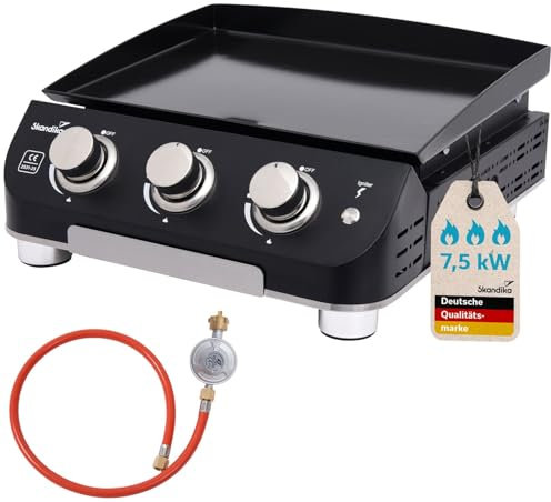 Skandika Gasplancha Palo | Piastra grill a gas senza/con coperchio Plancha, 3 bruciatori, vassoio di sgocciolamento, grill a gas trasportabile con piastra di cottura (senza coperchio)