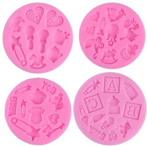 4PCS Baby Shower Theme Fondant Molds,Silikonform Schokolade Süßigkeiten Fondant Form 3D Backform Kuchen Dekorieren Werkzeuge DIY Silikon Backen Fondant Formen