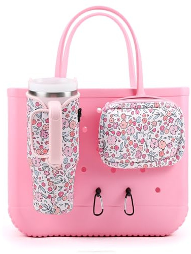 MEETI 4PCS Organizer Holder for Bogg Bag, Accessories for Bogg Bags, Phone & Cup Holder compatible with Bogg Bag Original, Bag is not included (Pink Floral)