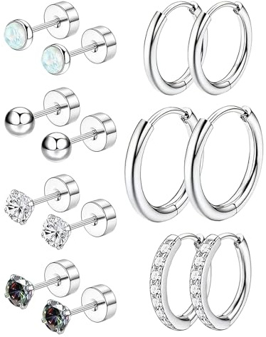 AstraGlam 7 Paar Ohrringe Set Medizinische Ohrstecker Damen,Hypoallergene Ohrringe silber,Flache Rückseite,Creolen,Kleine Huggie Helix Stecker mit Kugel,Zirkonia und Opal,Schraubverschluss