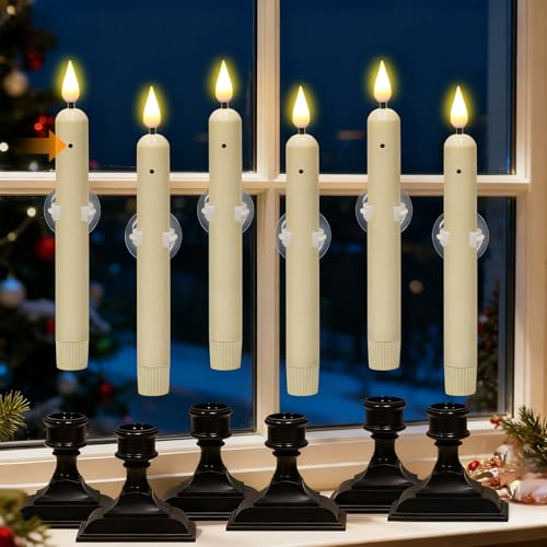 KunSwenn Window Candles with Sensor Dusk to Dawn, Christmas Battery Operated Window Candles with Black Holder and Suction Cup, LED Flameless Taper Candlesticks for Home Decorations (Ivory, Set of 6)