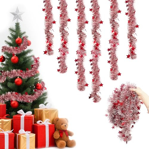 Lametta Weihnachtsbaum, 6PCS 3M Weihnachtsgirlande Weihnachtsdeko | Lametta Girlande, Weihnachtsdeko Innen Aussen Girlandes Tannen künstlich, Hängende Weihnachts deko Mit Sternen (Rot)