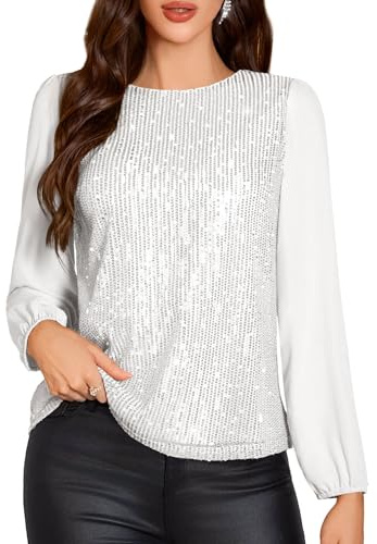 DRESSTELLS Paillettenoberteil Damen Funkelnde Langarmbluse für Party Runde Kragen Glitzer Bluse Karneval Festliches Glitzertop