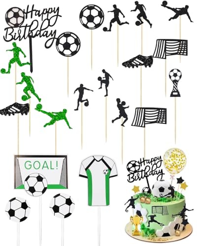 JUKOTA Décorations de gâteau football, décorations de gâteau football (24 pièces), pour garçons, gâteau de fête, fournitures de fête d'anniversaire sur le thème - D