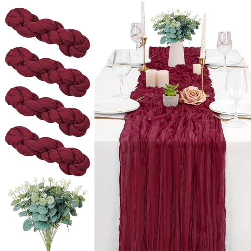 4 Stück Burgunderrot Seihtuch Tischläufer 90 x 300cm, Musselin Tischläufer weinrot mit 10 Eukalyptuszweig, Langen Halbschuhen Boho-Tischläufers für Hochzeit, Brautdusche, Party, Bankettdekoration