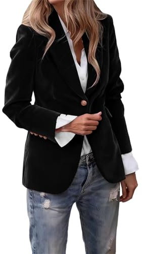 Ladies Black Blazer Womens Blazer Velvet Coats Suit Casual Long Sleeve Jacket Ladies V Neck Office Work Notched Collar Coats Elegant Classic Button Down Blazers Ladie Smart Jackets Black S
