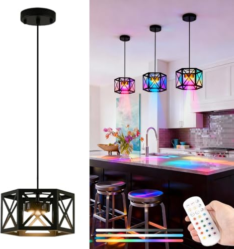 Hängeleuchte mit Batterie Schwarz Akku Pendelleuchte Dimmbar mit Fernbedienung Vintage Hängelampe RGB Farben Batteriebetrieben Indoor Lampe für Küche Esszimmer Schlafzimmer Wohnzimmer Ohne Verkabelung