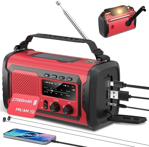 Portable AM/FM Radio with27000mAhRechargeable Battery,Bluetooth 5.1,Solar & Hand Crank Charging,LEDFlashlight, USB Power Bank, Tuning Dial Display and Headphone Jack for Home (Red)