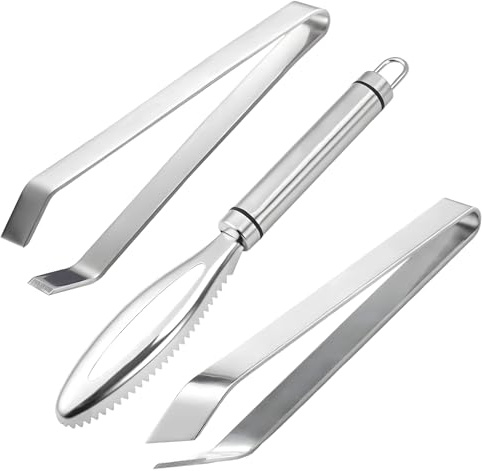 3 pcs Küchenpinzette, Set mit Grätenpinzette und Schuppenschaber, Fischpinzette für gräten, und Fisch entschuppen,für fisch,Pinzette Edelstahl,für Huhn Ente Schwein Haar,und Fish Scale