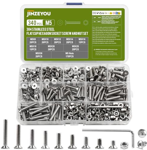 Juego de 340 tornillos M5, acero inoxidable, tornillos de cabeza avellanada, juego de tuercas, tornillos de cabeza plana métricos, tornillos hexagonales con tuercas con arandelas, surtido de tornillos