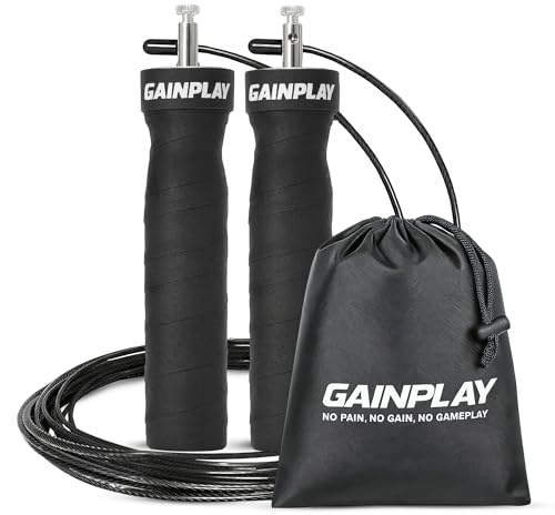 GainPlay Springseil inkl. 2 Stahlseilen (1x Ersatzseil) – kugelgelagert, verstellbar, Anti-Rutsch-Griffe & Abnutzungsschutz – ideal für Fitness, Boxen & Crossfit