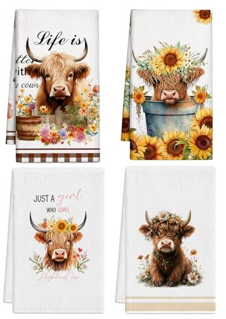 GenYoung 4Pcs Highland Cow Tea Towels, Soft Absorbent Microfibre Towels
