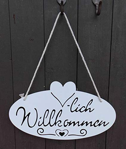 Empfangsschild Eisenschild Herzlich Willkommen 28cm weiss lackiert