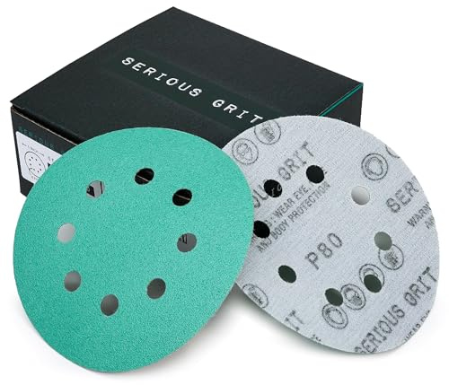 Serious Grit Sanding Discs 5 Inch 8 Hole 80 Grit - Heavy-Duty Hook & Loop Wet Dry Film Sandpaper Discs - Medium Grit Sand Paper for Random Orbital Sanders - Wood, Automotive, Metal, etc - 50 Pack Box