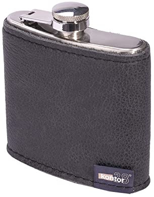 kontor28 - Design Flachmann mit rustikaler Hülle aus Natur Leder, auslaufsicher aus hochwertigem Edelstahl, handgefertigt Made in Germany, für Spirituosen, Outdoor, Wandern, Ski, schwarz