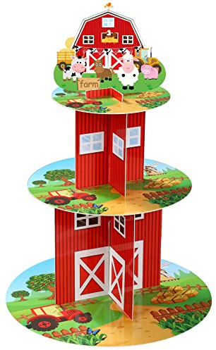 Zopeal Farm Cupcake Stand 3 Tier Farm Theme Animal Cup Cake Holder Stand Cardboard Farmhouse Dessert Tower Round Barnyard Pastry Serving Platter for Party Supply Birthday Baby Shower Party Decoration | Barnyard Animal Design for Farm Themed Parties, Round Tiers Display Desserts, Easy Assembly Cardboard, Baby Shower Decor