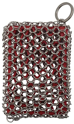 Wresetly Cast Iron Pan Cleaner, Stainless Steel 316 Chains Shirt Cleaning Scrubber Silicone Washer for Kitchen Cookware (Red)