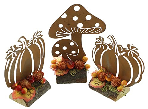 FRANK FLECHTWAREN Otoño - Juego de 3 rejillas de metal con diseño de óxido moderno, base de madera rústica, decorada con bayas y hojas de plástico, dimensiones: altura 11 cm, 13 cm, 14 cm