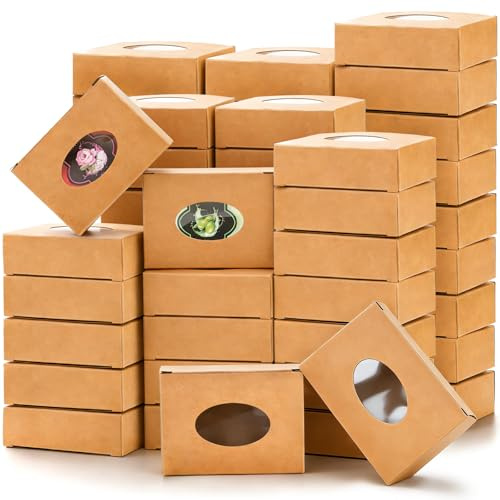 SOUJOY 100 Pack Kraft Soap Box, Paper Treat Boxes with Clear Window, Homemade Soap Making Supplies Packaging for Bakery, Candy, Jewelry, Party Treats. 9.7×7.1×3 cm