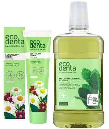Ecodenta Mundhygiene-Kosmetik-Set I Zahnpasta mit Kalident, Kamillenextrakt, Nelkenextrakt 100ml und Antibakteriell Multifunktionelles - Mundwasser 500 ml I Mundpflegeset gegen Mundgeruch