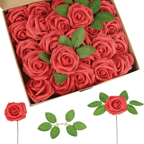 25 st falska röda rosor konstgjorda blommor rosor, äkta touch skumrosor falska blommor konstgjord ros bulk med stam för bröllopsdekor, möhippa hantverk hem baby shower alla hjärtans dag dekoration