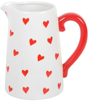 Valentine's Day White Flower Jug with Heart Print & Red Handle – Charming Decorative Vase for Blooms, Seasonal Décor, Elegant Centerpiece – Hand Wash Only, Not for Food or Drink Use