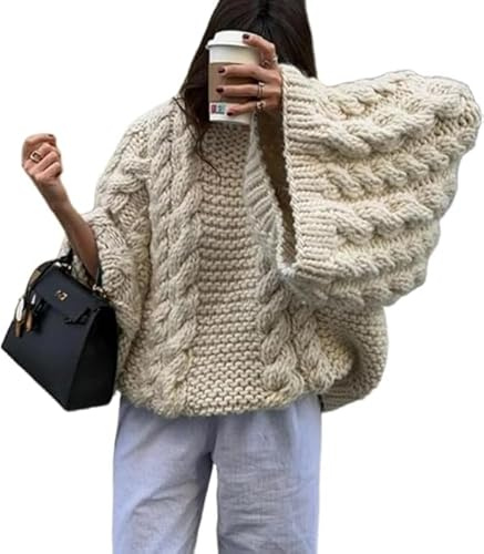 Women's Oversized Cable Knit Sweaters, Wide Sleeves Crewneck Chunky Knit Pullover, Cable Knitted Sweater Tops (White,Large)
