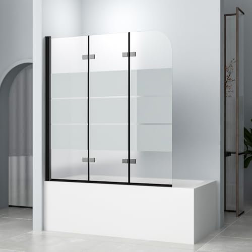 Gestreift Duschwand für Badewanne 120x140 cm, 3-teilig Faltbar Schwarzes Badewannenfaltwand 6mm ESG Glas Beschichtung Duschtrennwand NANO einfach-Reinigung Beschichtung