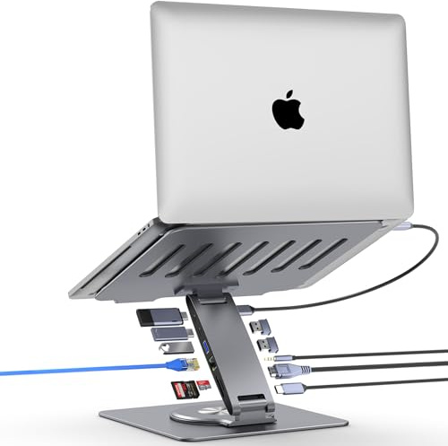 Adjustable Aluminum Laptop Riser with USB Hub, 360° Swivel, Dual Display 4K60Hz HDMI, Gigabit Ethernet, USB3.0, PD100W for MacBook Pro, Air, Dell, HP 7-15.6