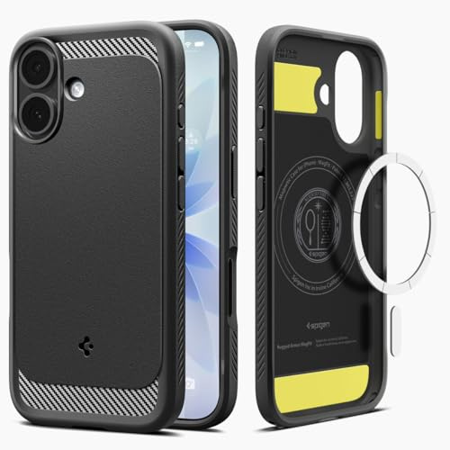 Spigen iPhone 17 Hülle Rugged Armor MagFit - Matte Black | Kompatibel mit MagSafe, Carbonfaser Muster, Sicherer Grip, Military-Grade Schutz, Durchdachte Details