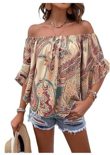 GORGLITTER Women's Paisley Print Off Shoulder Blouses Ruffle Trim 3/4 Sleeve Beach Vacation Tops Brown Large