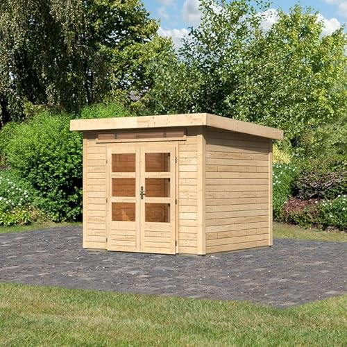 Karibu | Abri de Jardin Bois Massif Épicéa Nordique 5,95m² Kandern 3 | Double Porte Vitrée, Lucarne, Serrure | Marron, Toit Plat, 244x244cm