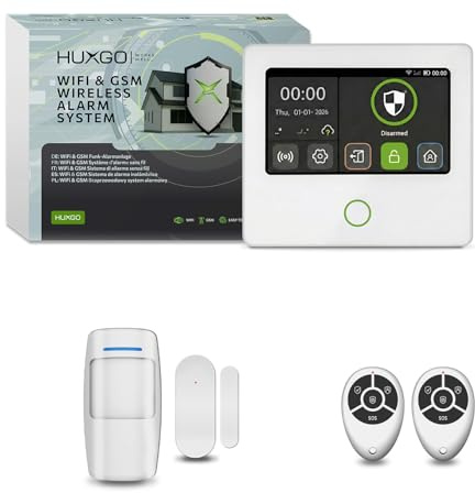 Funk Alarmanlage Set Haus WLAN + GSM 4G für Zuhause | Funk Alarmanlage mit 1x Bewegungsmelder, 1x Tür- & Fenstersensoren | steuerbar über das Smartphone, App – Modell HUXGO HXA502