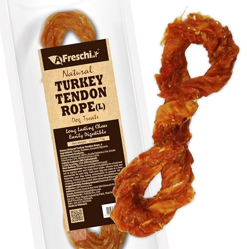 A Freschi srl Turkey Tendons for Dogs, USA-Sourced, Healthy Dog Treats, Rawhide-Free Puppy Chews, Long Lasting, All Natural, Hypoallergenic Dog Treats for Large Breeds, 1 Count Pack Rope (L)